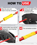 AIRIC UL-listed 200-pc wire butt splice kit; four-step guide showing stripping and crimping to join wires.