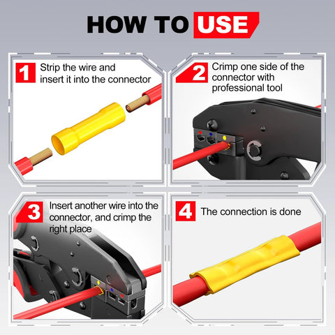 Insulated butt connectors for 22–16 AWG wiring; four-panel how-to-use infographic with crimping tool and wires.
