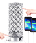 Crystal Table Lamp With 3 Way Dimmable Touch Control, Wireless Charging Pad And Dual USB Ports, Modern Bedside LED Light, Silver Finish