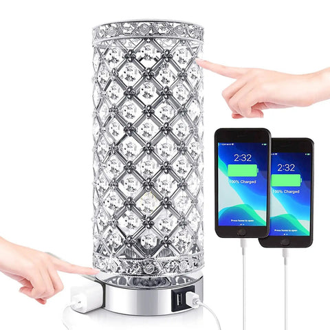 Crystal Table Lamp With 3 Way Dimmable Touch Control, Wireless Charging Pad And Dual USB Ports, Modern Bedside LED Light, Silver Finish