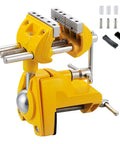 Tough As Nails Three Inch Heavy Duty Bench Vise With Rock Solid Steel Build And True Three Sixty Degree Swivel Base For Killer Multi Purpose Shop Clamping Accuracy, yellow steel body with chrome rods and accessories.