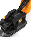 Close-up of Hefty No Fuss Sealless Steel Strapping Tool and 3 In 1 Manual Metal Banding Machine cutter mechanism in use.
