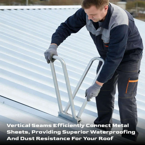 Worker using 2 In 1 Hand Seamer And Roofing Tool For Standing Seam Metal Panels on a roof