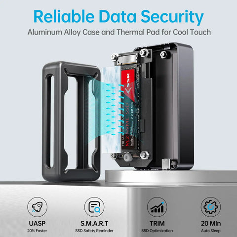 Hella Fast USB4 NVMe Enclosure For M.2 SSD Drives showing aluminum case, thermal pad, and M.2 SSD slot.