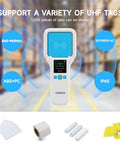 UHF RFID Reader SR300 Bluetooth Handheld Scanner in warehouse with tag samples and product features displayed.