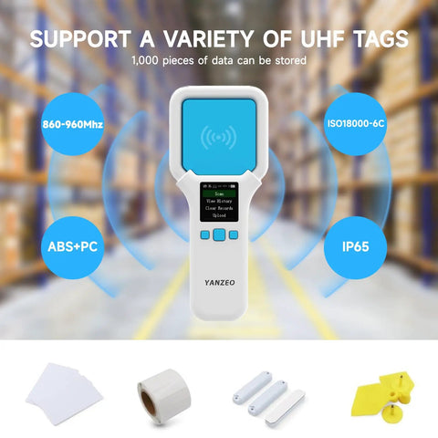 UHF RFID Reader SR300 Bluetooth Handheld Scanner in warehouse with tag samples and product features displayed.