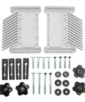 Badass Stackable Adjustable Featherboard Kit Featuring Wedged Locking Mechanism And Rock Solid Dual Safety Lock Setup for Table Saw Router and Band Saw Jobs parts layout with clamps and hardware.