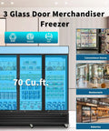 Rock Solid 70 Cu Ft Commercial Glass Door Freezer, Swing Front Retail Merchandiser with three glass doors and bright display.