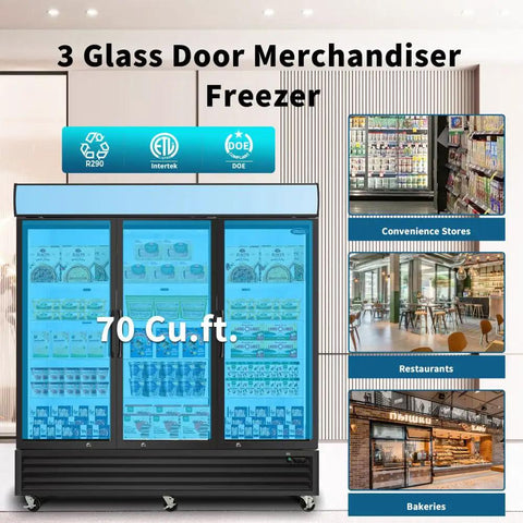Rock Solid 70 Cu Ft Commercial Glass Door Freezer, Swing Front Retail Merchandiser with three glass doors and bright display.