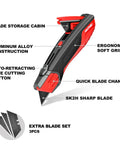 Heavy Duty Self Retracting Utility Knife With 4 SK2H Blades, Safety Box Cutter, Rugged Aluminum Alloy Body, Non Slip TPR Grip, Unique Blade Compartment, HT0414 Model For Pros On The Job Pro Grade
