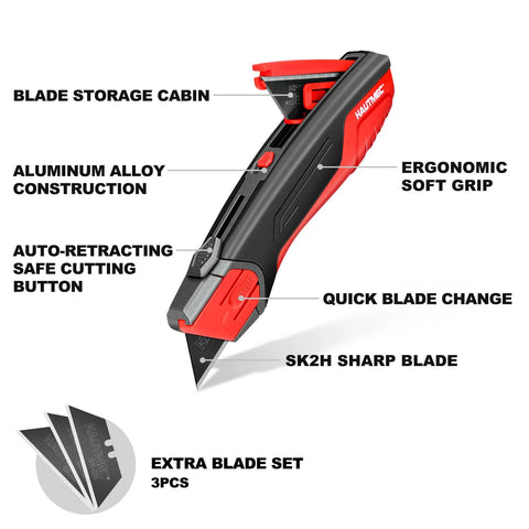 Heavy Duty Self Retracting Utility Knife With 4 SK2H Blades, Safety Box Cutter, Rugged Aluminum Alloy Body, Non Slip TPR Grip, Unique Blade Compartment, HT0414 Model For Pros On The Job Pro Grade