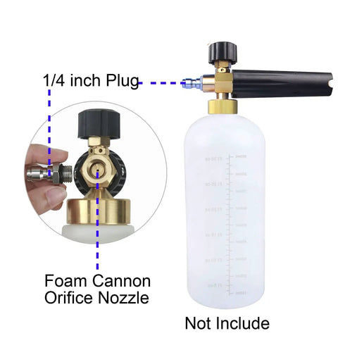 1.1mm Foam Cannon Orifice Nozzle 2 Pack with universal thread showing brass nozzle detail and attachment to foam lance