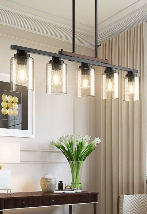 Straight Up Modern Farmhouse 5 Light Dining Room Chandelier With Dope Seeded Glass Shades Galvanized Steel Island Ceiling Fixture Lighting Top Shelf Kitchen Vibes over dining table.