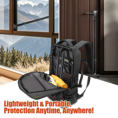 Beefed Up Heavy Duty Door Security Bar With Upgraded Anti Slip Base 28 To 52 Inches Adjustable Barricade in window with backpack