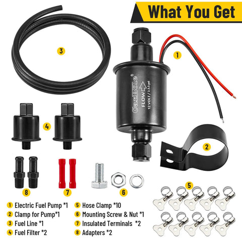 12V Low Pressure Fuel Pump Kit With 6.56 Ft Fuel Line And Dual Filters, Mounting Hardware, Line Connectors, Wire Connectors