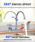 Swanky Two Handle Kitchen Faucet With Pull Out Side Sprayer And Tall High Rise Arc Finished In Brushed Nickel features 360° swivel spout.