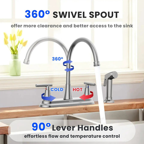 Swanky Two Handle Kitchen Faucet With Pull Out Side Sprayer And Tall High Rise Arc Finished In Brushed Nickel features 360° swivel spout.