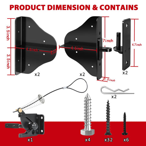 Anti Sag Gate Kit With Heavy Duty 90 Degree Hinges Self Locking Gate Latch And Corner Brace For Wood Gates dimensions and contents