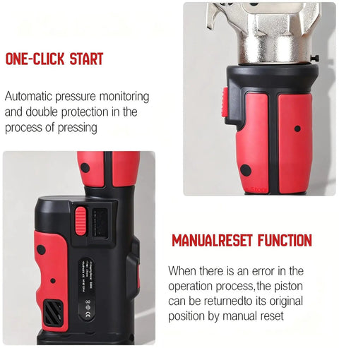 Close-up view of the handle features of the 6 Ton Electric Hydraulic Crimping Tool Rechargeable Cordless Terminal Pliers.