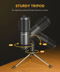 Condenser Microphone For Home Studio With Cardioid Pickup on sturdy tripod, featuring 3.5mm XLR Output, Plug And Play, studio quality vocals.