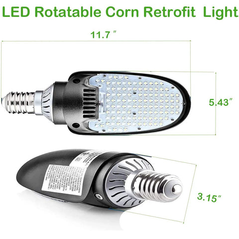 Shoebox Corn Retrofit Lamp Rotatable E39 Mogul Base Powerful 75W 95W 115W Selectable 5000K Daylight 180 Degree Paddle Bulb dimensions