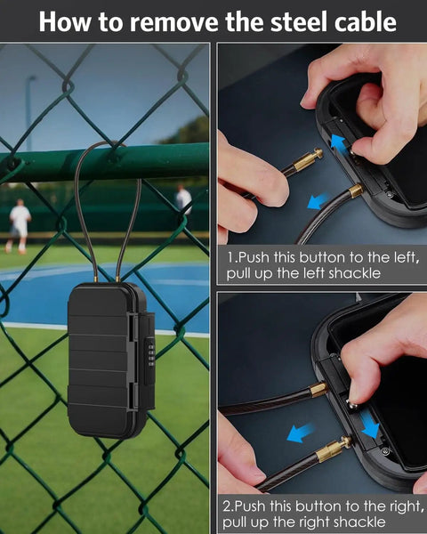 Portable Safe Box With Combo Lock attached to fence, showing step-by-step cable removal process for security case.