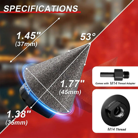 Specifications of Diamond Beveling Chamfer Bit with M14 Hex Shank for Tile, Marble, Granite, Porcelain 1 3 8 Inch Hole Enlarger.