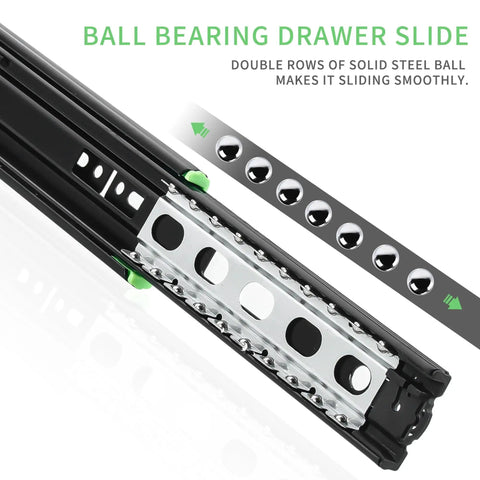 Close-up of 12 Inch Full Extension Drawer Slides With Ball Bearing Rails Side Mount Soft Close Heavy Duty 100 Lb Capacity Quiet Smooth Glide 3 Fold Drawer Runners For Cabinets Kitchen And Bath, showing steel ball bearings.