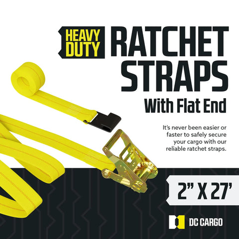 Rugged 2 Inch By 27 Foot Tie Down Straps Pack Of 4 With Flat Hooks Heavy Duty Ratchet Cargo Straps For Trailers And Trucks Yellow Load Securement For Safe Hauling