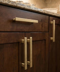 Dope Champagne Bronze Zinc Alloy Cabinet Handles 5 Inch Hole Center Striped Decor Cabinet Pulls For Kitchen And Bedroom Pack Of 6 With Backplates And Mounting Screws installed on dark wood cabinet doors.