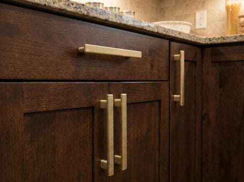 Dope Champagne Bronze Zinc Alloy Cabinet Handles 5 Inch Hole Center Striped Decor Cabinet Pulls For Kitchen And Bedroom Pack Of 6 With Backplates And Mounting Screws installed on dark wood cabinet doors.