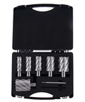 Front view of VEVOR 6-pc annular cutter set with Weldon shanks in a black case; six M2 cutters and two pilot pins.