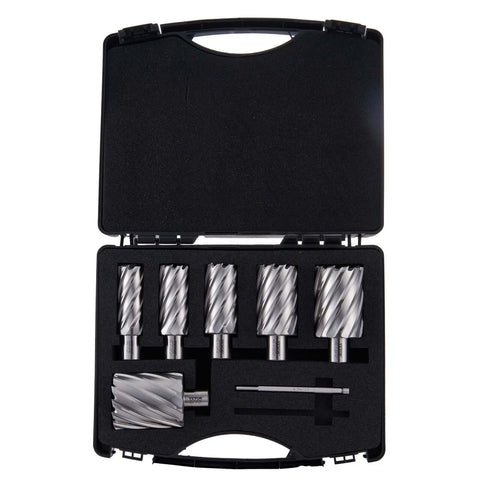 Front view of VEVOR 6-pc annular cutter set with Weldon shanks in a black case; six M2 cutters and two pilot pins.