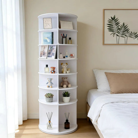 360 Degree Rotatable White Corner Shoe Rack And Bookshelf, 7 Tier Dope Space Saver Shoe Tower in bedroom corner