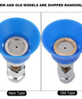 Flexible Mist Nozzle For High Pressure Sprayer Pro Grade showing new and old blue models with metal fittings side by side.