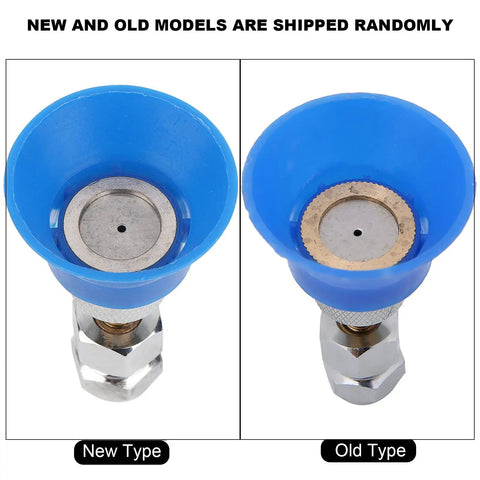 Flexible Mist Nozzle For High Pressure Sprayer Pro Grade showing new and old blue models with metal fittings side by side.