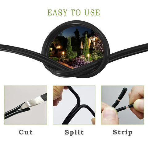 Low Voltage Landscape Lighting Wire 12/2 100ft 12AWG 2 Conductor Black Direct Burial Copper Cable with cutting and stripping tools