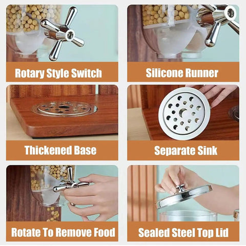 Triple Head Cereal And Grain Dispenser For Kitchen Counter Holds Four Liters Each Solid Wood Base With Steel Lid Heavy Duty Pc Buckets Keep Snacks Fresh Smooth Pouring Design showing rotary style switch and sealed steel top.