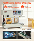 Beefed Up Continuous Bag Band Sealer With Adjustable Temperature And Speed 0.24 to 0.47 Inch Seal Width Vertical Roller Printing Sealing Machine For 0.001 to 0.03 Inch Plastic Bags 600W Motor Up To 52.5 Ft Per Minute in operational setup