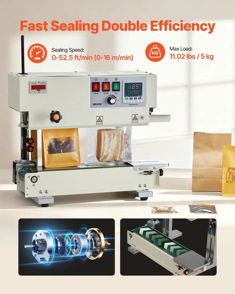 Beefed Up Continuous Bag Band Sealer With Adjustable Temperature And Speed 0.24 to 0.47 Inch Seal Width Vertical Roller Printing Sealing Machine For 0.001 to 0.03 Inch Plastic Bags 600W Motor Up To 52.5 Ft Per Minute in operational setup