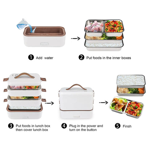 Step-by-step guide for using Electric Lunch Box Warmer On The Go Grab And Go 300W 110V Wall Plug 3 Layer 800ML Stainless Steel Containers
