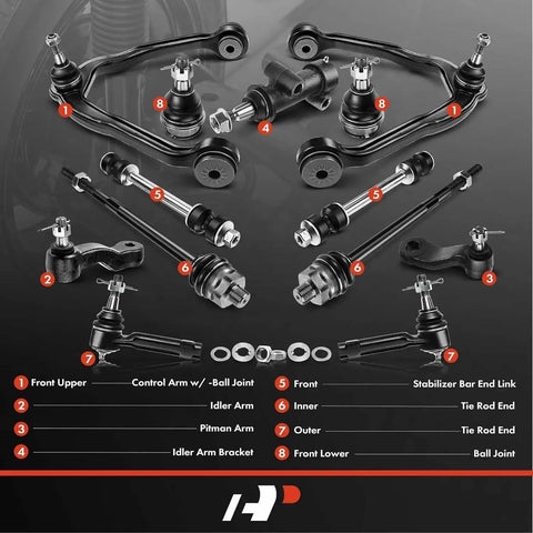 13 Piece Front Upper Control Arm Sway Bar Link And Lower Ball Joint Kit For Chevy Silverado 1500 1999-2006 Tahoe 2000-2006 Avalanche 2002-2006 Suburban 2000-2006 GMC Sierra 1500 Yukon 2000-2006 4WD And AWD, front suspension parts