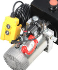 12V DC Hydraulic Pump Power Unit 8 Quart Tank Single Acting System With 3200 PSI Port A Relief And 1500 PSI Port B Plus 15 Foot Remote Control And Beefy Steel Construction, yellow remote