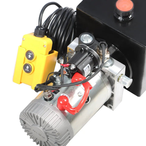 12V DC Hydraulic Pump Power Unit 8 Quart Tank Single Acting System With 3200 PSI Port A Relief And 1500 PSI Port B Plus 15 Foot Remote Control And Beefy Steel Construction, yellow remote