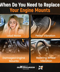 When to replace engine mounts: loud noise, pedal vibration, damaged mounts, steering wheel vibration.