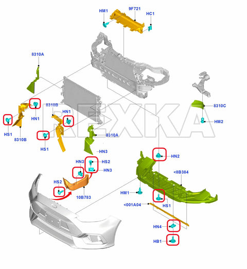 Diagram of vehicle parts highlighting the 15 Piece T30 Engine Splash Shield Bolt Clip Kit Direct Fit For Ford Focus Escape Explorer C Max Transit Connect And Lincoln MKC Includes Screws Nuts And Clips.