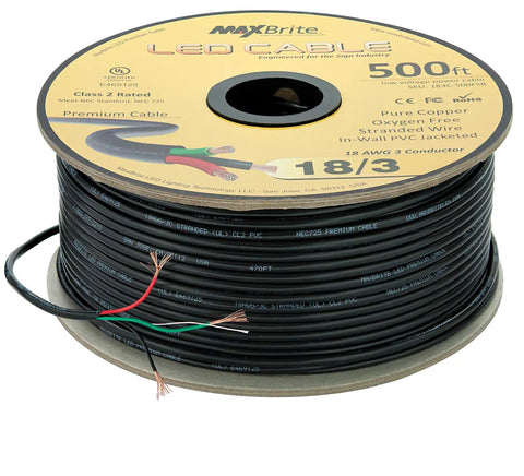 500 Feet Of 18 AWG Low Voltage LED Cable With 3 Conductor Black Jacket For In Wall Speaker Wiring UL Class 2 Certified Oxygen Free Copper NEC 725 Rated Ideal For DIY Home Theater And Audio Installations, spool view