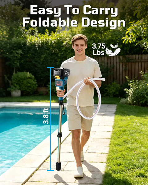 Heavy Duty Cordless Water Pump With 720 GPH Output And 29 Ft Max Lift Featuring A Slick 2.2 Inch Compact Profile, carried by a man near a pool.