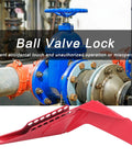 Red Stainless Steel Ball And Gate Valve Lockout Device installed on industrial pipe with blue valve for safety and maintenance compliance.