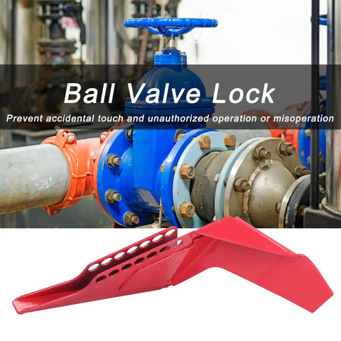 Red Stainless Steel Ball And Gate Valve Lockout Device installed on industrial pipe with blue valve for safety and maintenance compliance.